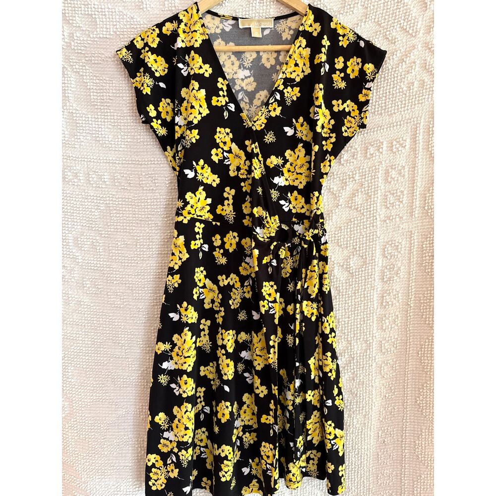 MICHAEL KORS Size XS Yellow Black Floral Stretch Dress A Line Comfy